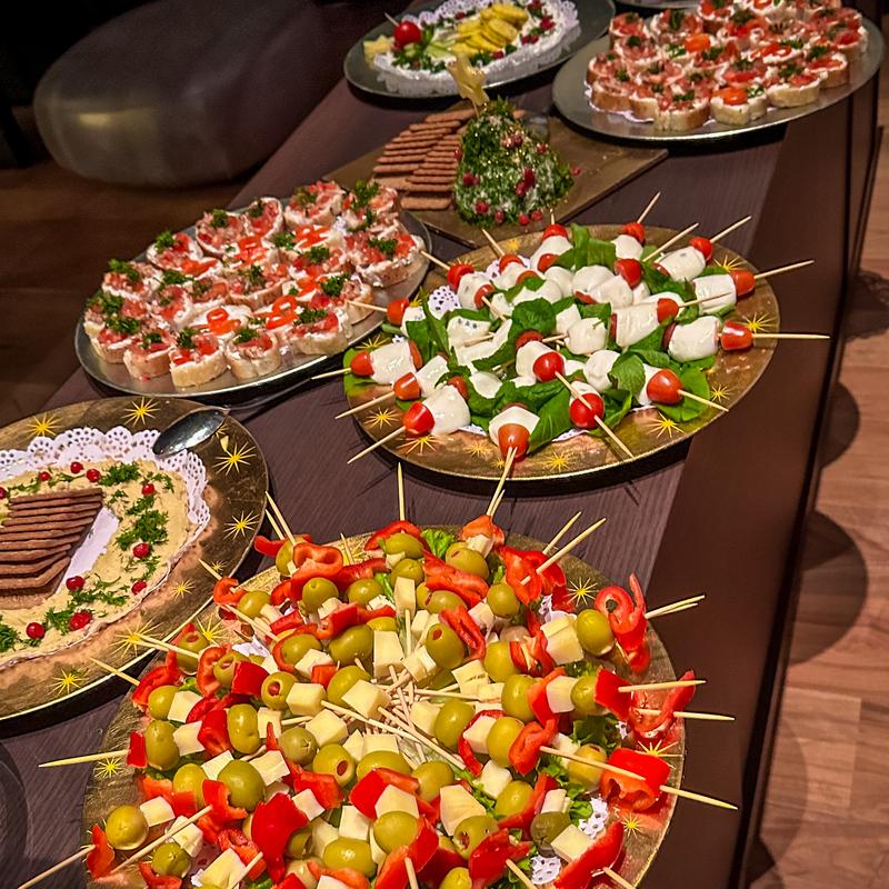 Peppino's catering platters &mdash; caprese skewers, antipasto and crostini
